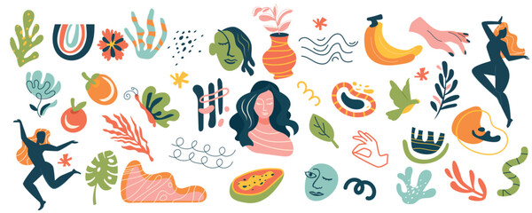 Colorful Abstract Collage with Figures and Fruits