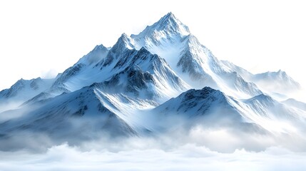 Breathtaking,majestic snowy mountain peak reaching up towards the heavens,isolated against a pristine white background. This awe-inspiring,serene landscape evokes a sense of solitude,adventure.