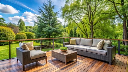 Outdoor deck with furniture overlooking yard trees