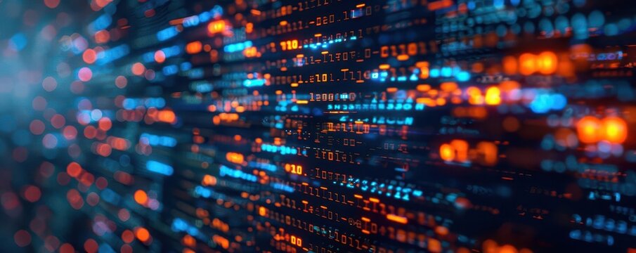 Code displayed on a computer screen with vibrant colors, dynamic and technological, Urban, Cool tones, Photograph, Programming