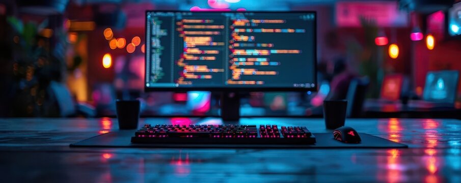 Code displayed on a computer screen with vibrant colors, dynamic and technological, Urban, Cool tones, Photograph, Programming