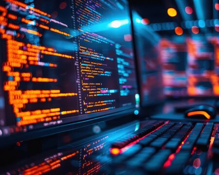 Code displayed on a computer screen with vibrant colors, dynamic and technological, Urban, Cool tones, Photograph, Programming