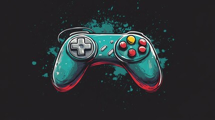 A teal video game controller with colorful buttons.