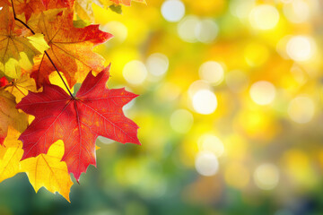 Fototapeta premium Autumn template with red maple leaves and sunlight