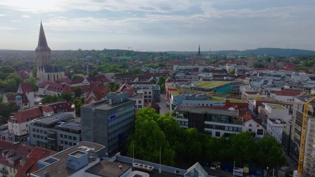 Picturesque city with a rich history of Osnabruck, Germany. Aerial view captures the charm of its old town and the prominent St. Mary's church