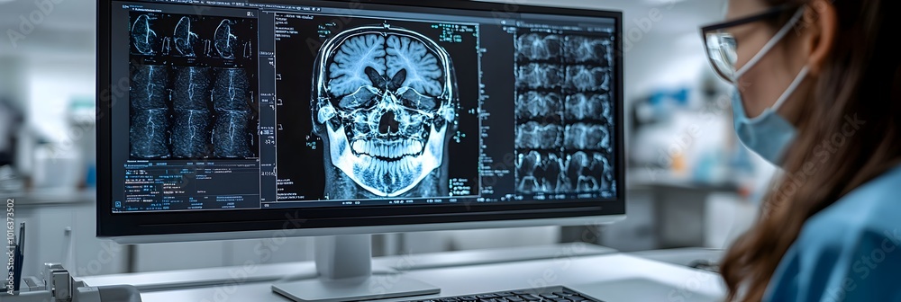 Poster Close-up view of an X-ray scan of a human skull,displaying the intricate structure of the brain on a medical monitor screen in a hospital or healthcare setting.