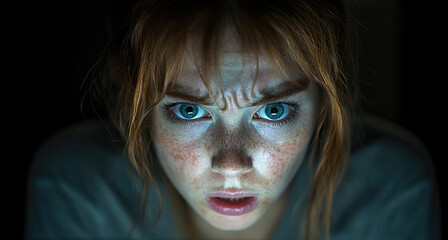 The expression on the young woman's face reveals her surprise and concern as she intently gazes at a screen in low light