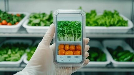 Futuristic smart packaging with QR code displaying nutritional information for fresh produce on a smartphone