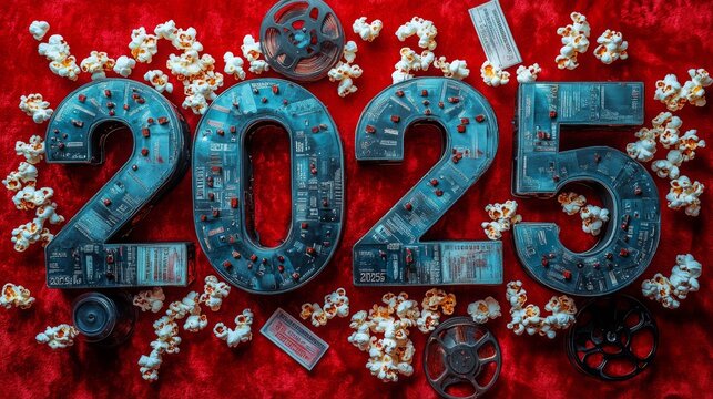 Popcorn film reels shape 2025 on a red backdrop with scattered popcorn