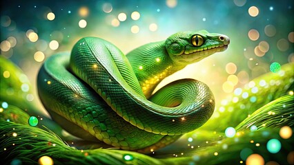 Fototapeta premium Surreal Green Snake Symbol of the Year on Horizontal Background for Unique Artistic Inspiration