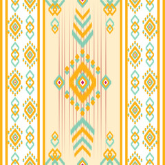 Traditional ikat patterns with bright geometric shapes in shades of blue, green, yellow and orange are perfect for textile design, home decor, rugs and fashion. Inspired by indigenous and tribal