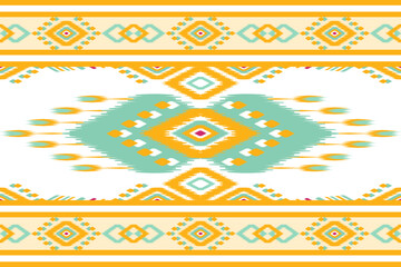 Traditional ikat patterns with bright geometric shapes in shades of blue, green, yellow and orange are perfect for textile design, home decor, rugs and fashion. Inspired by indigenous and tribal