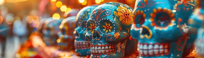 Day of the Dead Dia de Muertos altars with sugar skulls, cultural and colorful, Urban, Bright hues, Photograph, Cultural heritage