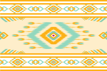 Traditional ikat patterns with bright geometric shapes in shades of blue, green, yellow and orange are perfect for textile design, home decor, rugs and fashion. Inspired by indigenous and tribal