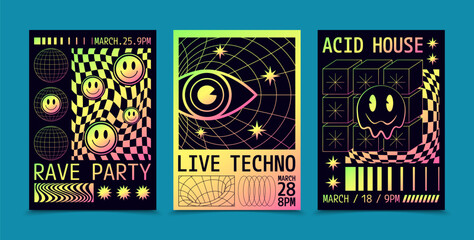 Retro Psychedelic Party Posters with Neon Colors
