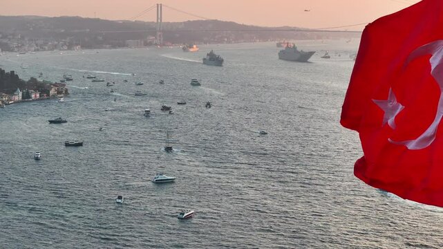 Turkish Flag ind October 29 Republic Day Celebrations (29 Ekim Cumhuriyet Bayramı Kutlamaları) Drone Video, July 15 Martyrs Bridge &Ccedil;engelk&ouml;y, &Uuml;sk&uuml;dar Istanbul, Turkey (Turkey)