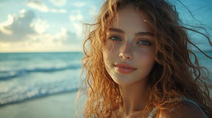 A young woman with long curly red hair and blue eyes smiles at the camera while standing on a beach at sunset.