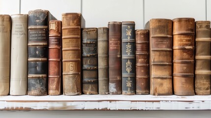 Naklejka premium Vintage Leather Bound Books on Wooden Shelf