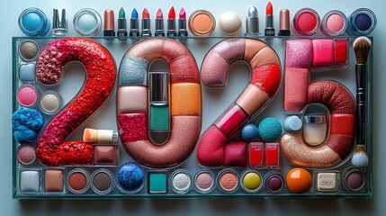 Assorted makeup arranged to form the year 2025 in a creative artistic display for beauty enthusiasts