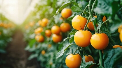 Ripe juicy tomatoes growing on the vine in a lush agricultural setting with a deep depth of field  Showcasing advanced food technology and precision farming techniques for monitoring crop ripeness and