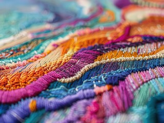 Obraz premium Detailed close-up shots of embroidery work, intricate and colorful, Urban, Soft tones, Photograph, Textile art