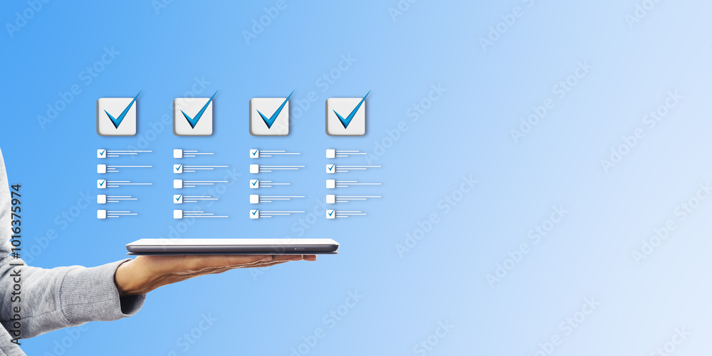 Poster close up of female hand holding cellphone with creative four to do lists with checkmarks on blue bac
