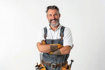 A cheerful handyman in work overalls stands with arms crossed. His smile exudes confidence and experience. Ideal for home improvement and repair themes. Generative AI