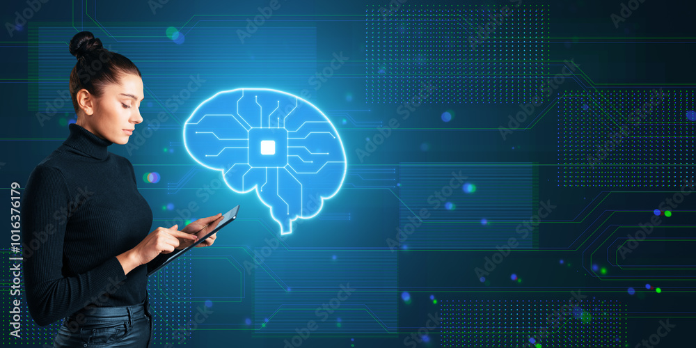 Poster attractive young woman using cellphone with glowing blue circuit digital brain hologram on blurry ba