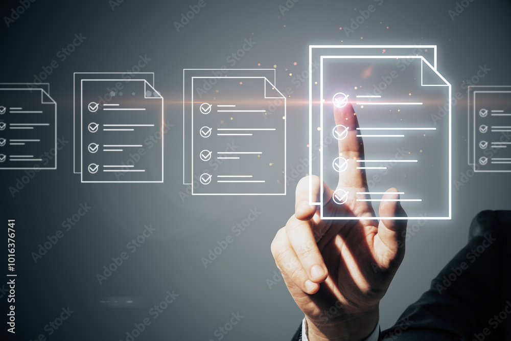 Poster close up of businessman hand pointing at creative digital document on gray background. online survey