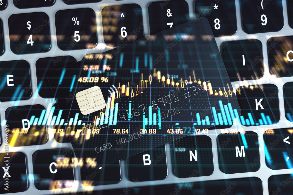 Poster close up of bank card with forex chart on laptop computer keyboard background. online banking concep