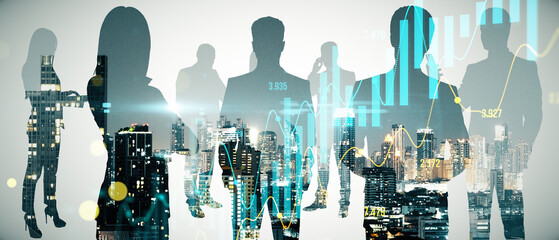 Crowd of businessmen and women silhouettes on white night city background with glowing forex chart. Teamwork, finance, leadership, success and partners concept. Double exposure.