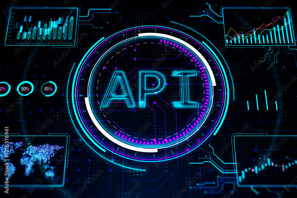 Leinwandbilder Creative API hologram on blurry background. Application Programming Interface concept. Interaction with digital icons representing API development, security. 3D Rendering.