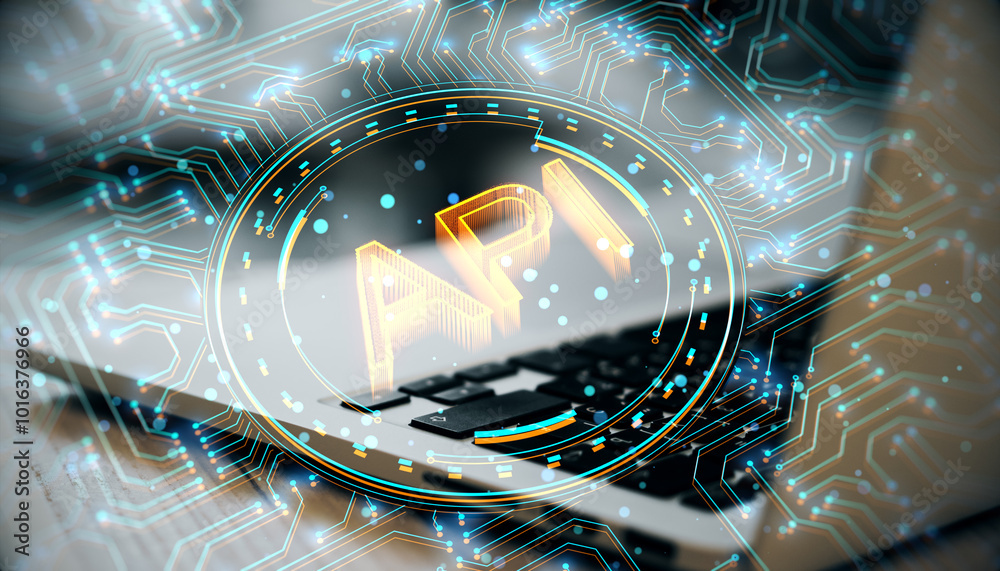 Poster Close up of laptop on desk with creative API hologram on blurry background. Application Programming Interface concept. Interaction with digital icons, API development, security. Double exposure.