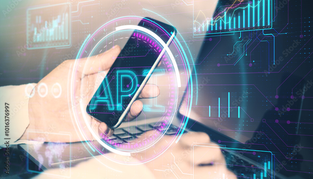 Poster Close up of hands using laptop and cellphone with creative API hologram on blurry background. Application Programming Interface concept. Digital icons representing API, security. Double exposure.