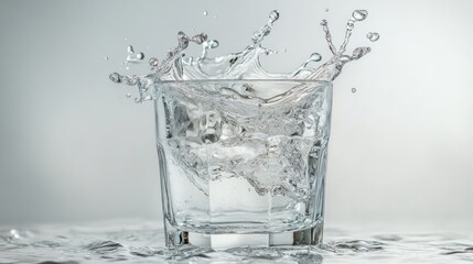 Water cascading into a glass, capturing the refreshing splash and sparkle of the liquid as it fills up against a bright,