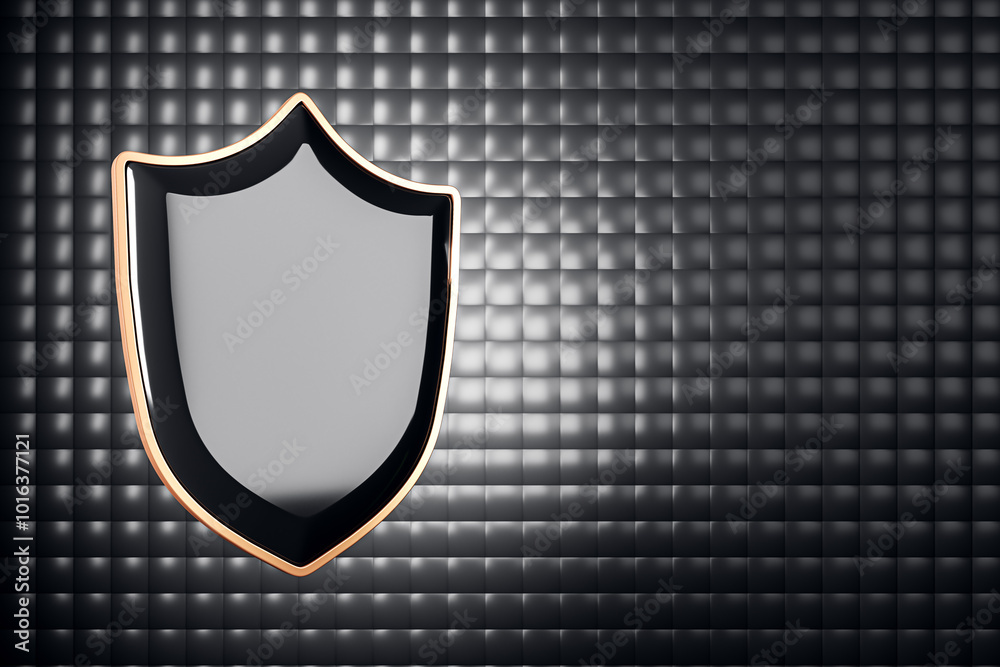 Poster empty shiny gray shield with mock up place on dark background. protection, antivirus and safety conc