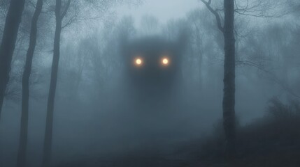 Naklejka premium A mysterious figure with glowing eyes looms in a foggy forest, creating an eerie atmosphere.