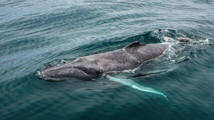 A drone photo of a gray whale swimming in the ocean near Baja California, Mexico. The whale is moving through the water and is partially submerged. The background contains the ocean surface