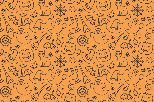 Halloween seamless pattern with Jack o lantern, cat, ghost, spiderweb, spider, broom, witch hat, bat and autumn leaves- vector illustration