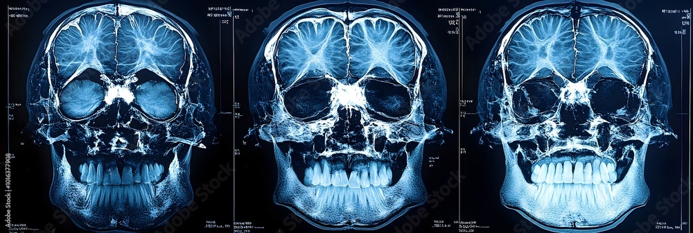 Poster detailed x-ray scan of a skull revealing the intricate anatomy and structure of the human brain. med