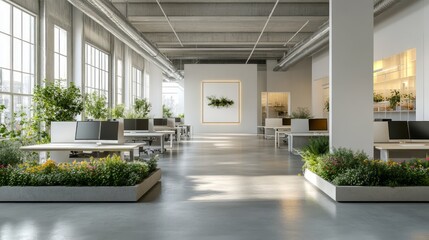Modern office interior with large windows, plants, and concrete floors.
