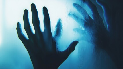 A shadowy figure's hand pressed against a foggy surface, creating a sense of isolation.