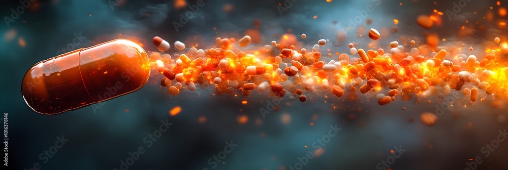 Poster Dramatic and intense close-up view of a powerful fiery explosion with a burning rocket or missile launching and bursting forth in a chaotic display of fire,energy,and destruction.