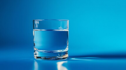 A glass of water on a blue background.