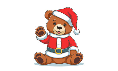 Vector cartoon cheerful smiling cute sitting teddy bear dressed in Santa Claus costume and waving paw. Merry Christmas and Happy New Year. Isolated white background.