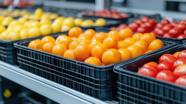 Close up view of a sensor technology checking the freshness and of packaged fruits and vegetables in a grocery store display