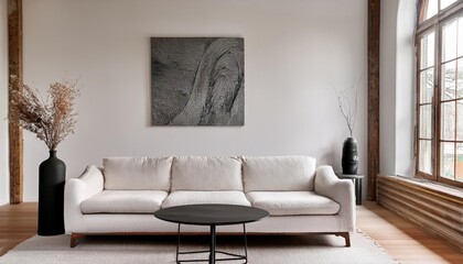 Modern rustic living room with white walls, wooden beams, and a cream L-shaped sofa. Features black accents, abstract wall art, and dried plants. The space exudes a calm, minimalist aesthetic