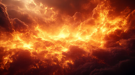 Dramatic fiery explosion with intense flames,combustion,and heat bursting forth from a stormy,apocalyptic sky. Powerful,chaotic,and destructive energy of a raging inferno in a fiery.