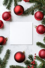 A blank white card on a table with pine tree branches and red Christmas ornaments