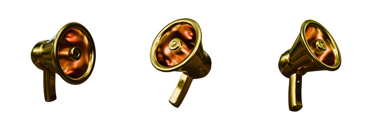 Golden 3D horn in different angles. Loudspeaker isolated on transparent background